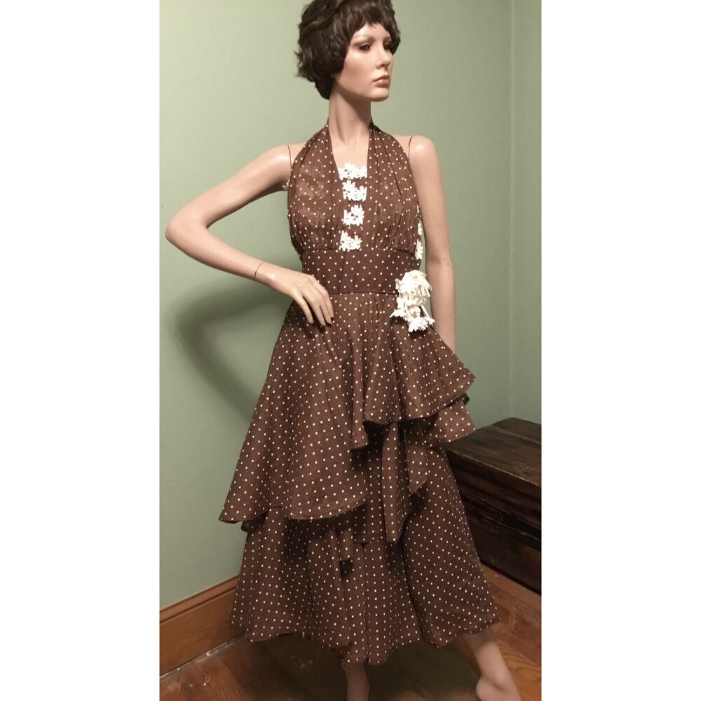 Vintage 50s Emma Domb Brown Polka Dot Tiered Halter Dress Fit & Flare w/flowers